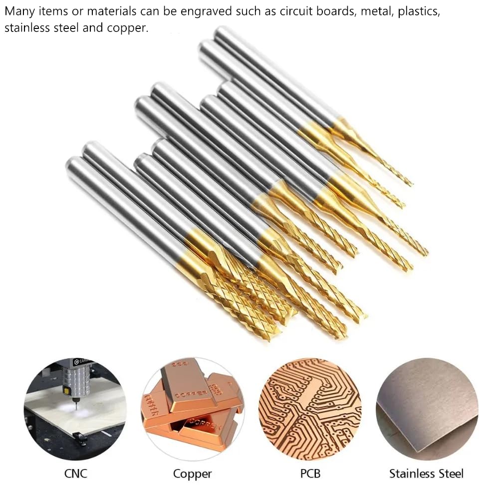 10pcs Carbone Cemente Enduit Titane Enduit CNC Fraises CNC Outils 1.0-3.0mm (1mm 1.5mm 2mm 2.5mm 3mm)