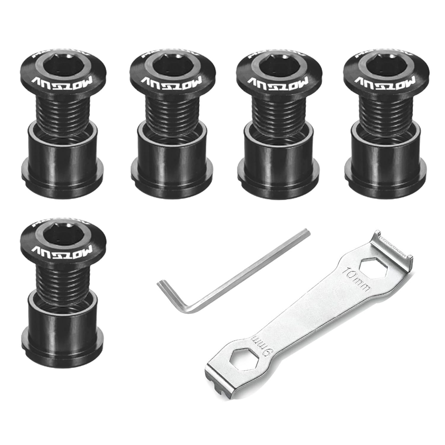 QitinDasen 5 Pieces Double Chainring Bolts, M8 Bike Sprocket Bolts Nuts, Aluminum Alloy Chainwheel Screws with 5 mm Hexagon Wrench and Chainring Bolt Wrench (Black)
