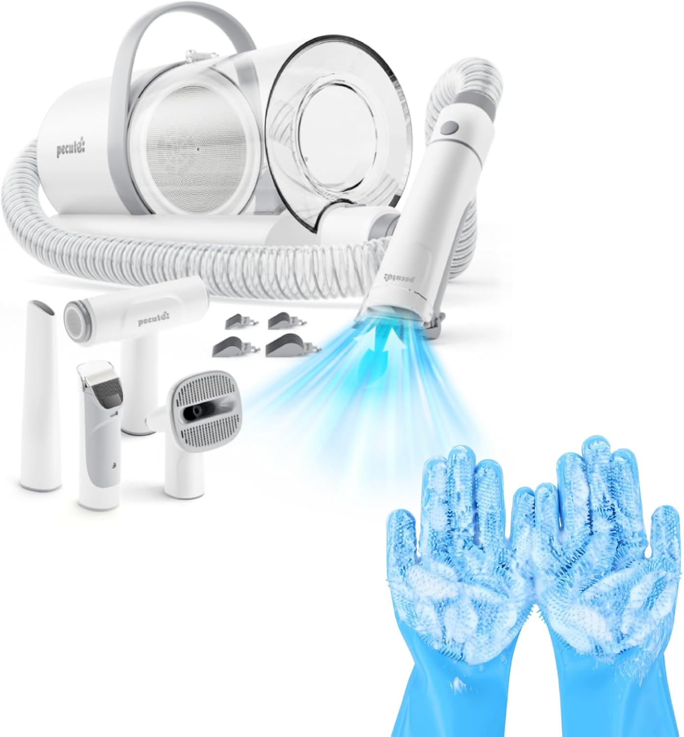 Pecute Pet Grooming Gloves & 4-in-1 Pet Grooming Vacuum Kit with Clipper, Brush