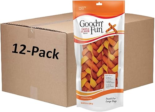 Good'n'Fun Triple Sabor 9" Trenza de cuero crudo 4 unidades, paquete de 12, P-94290