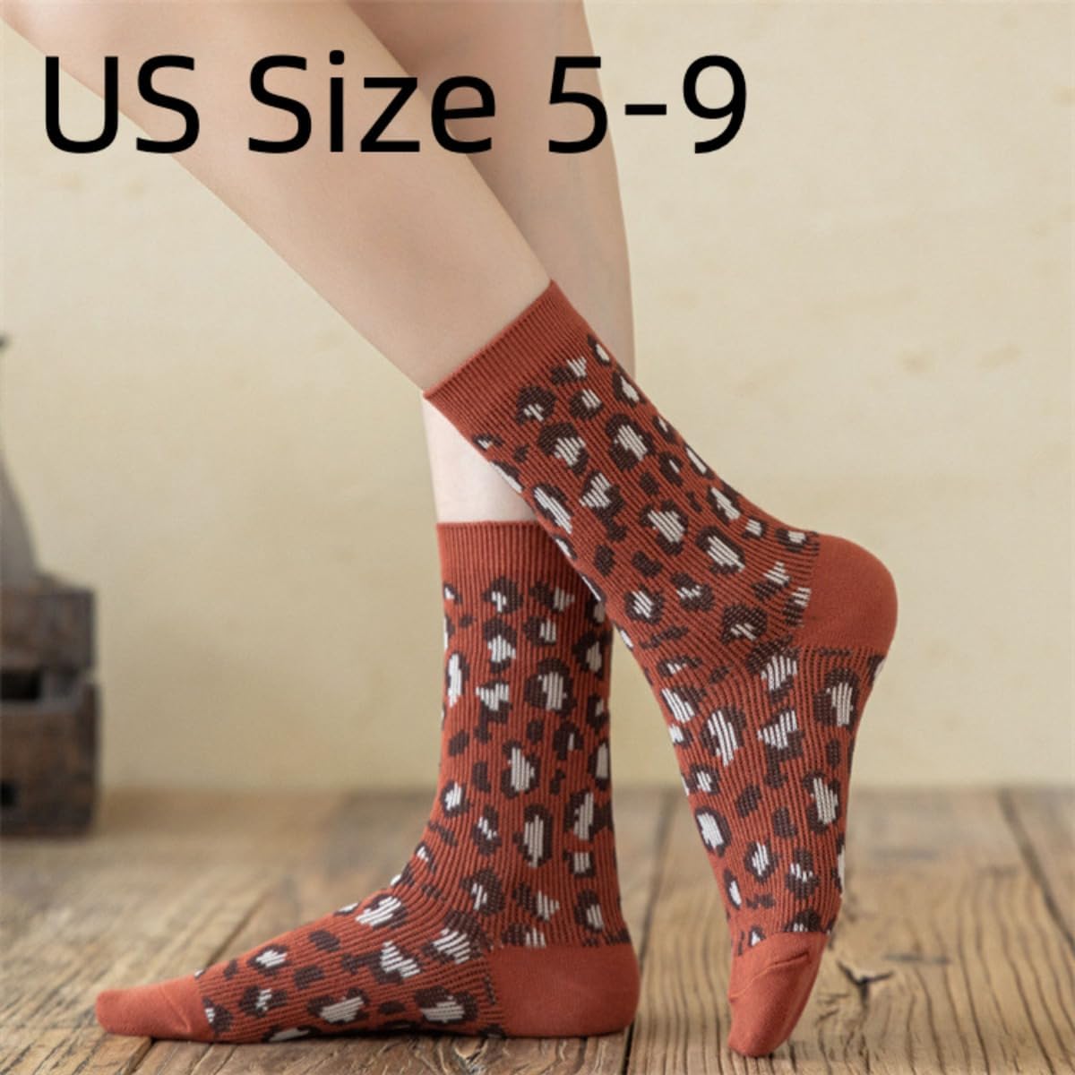 Polka Dots Socks Leopard Print High Ankle Women Cotton 5 Pairs Double-Needle Double-Layer - Image 2