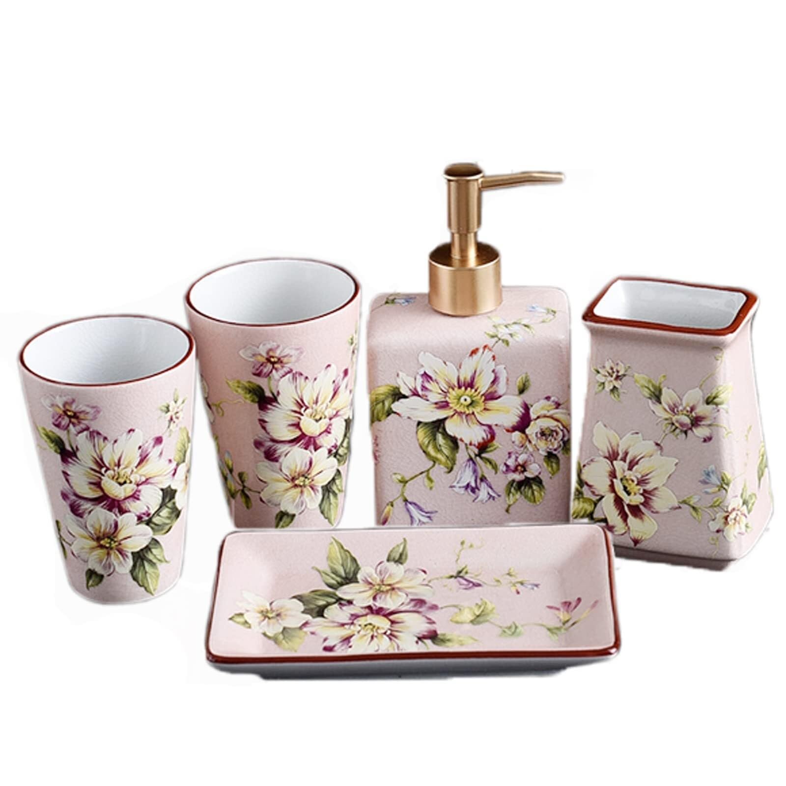 Set di accessori per il bagno Inclusi 1 portaspazzolino, 2 bicchieri for gargarismi, portasapone, dispenser for lozione, 5 pezzi Arredamento per gli affittuari(Pink)