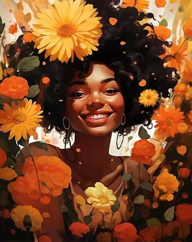 مجموعة رسم رقمية تصنعها بنفسك، صورة فتاة مبتسمة مع زهور، رسم بأرقام للبالغين، مجموعة فنية قماشية مقاس 40 × 50 سم مع فرش وألوان اكريليك
