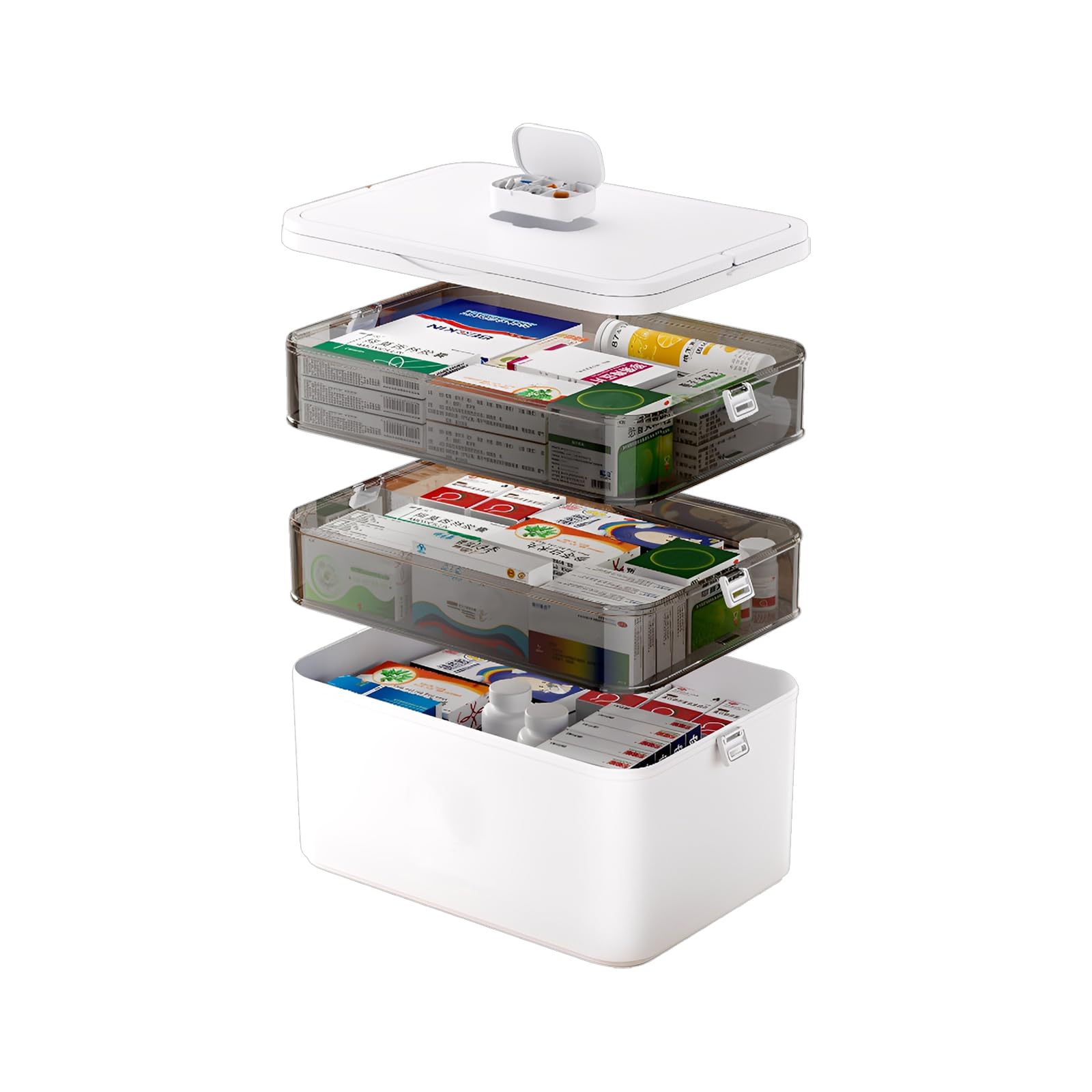 3 niveles de almacenamiento para medicamentos, maletín de medicamentos, caja de almacenamiento con tapa, caja de emergencia familiar, caja de medicamentos con asa portátil, 31 × 16,5 × 25,5