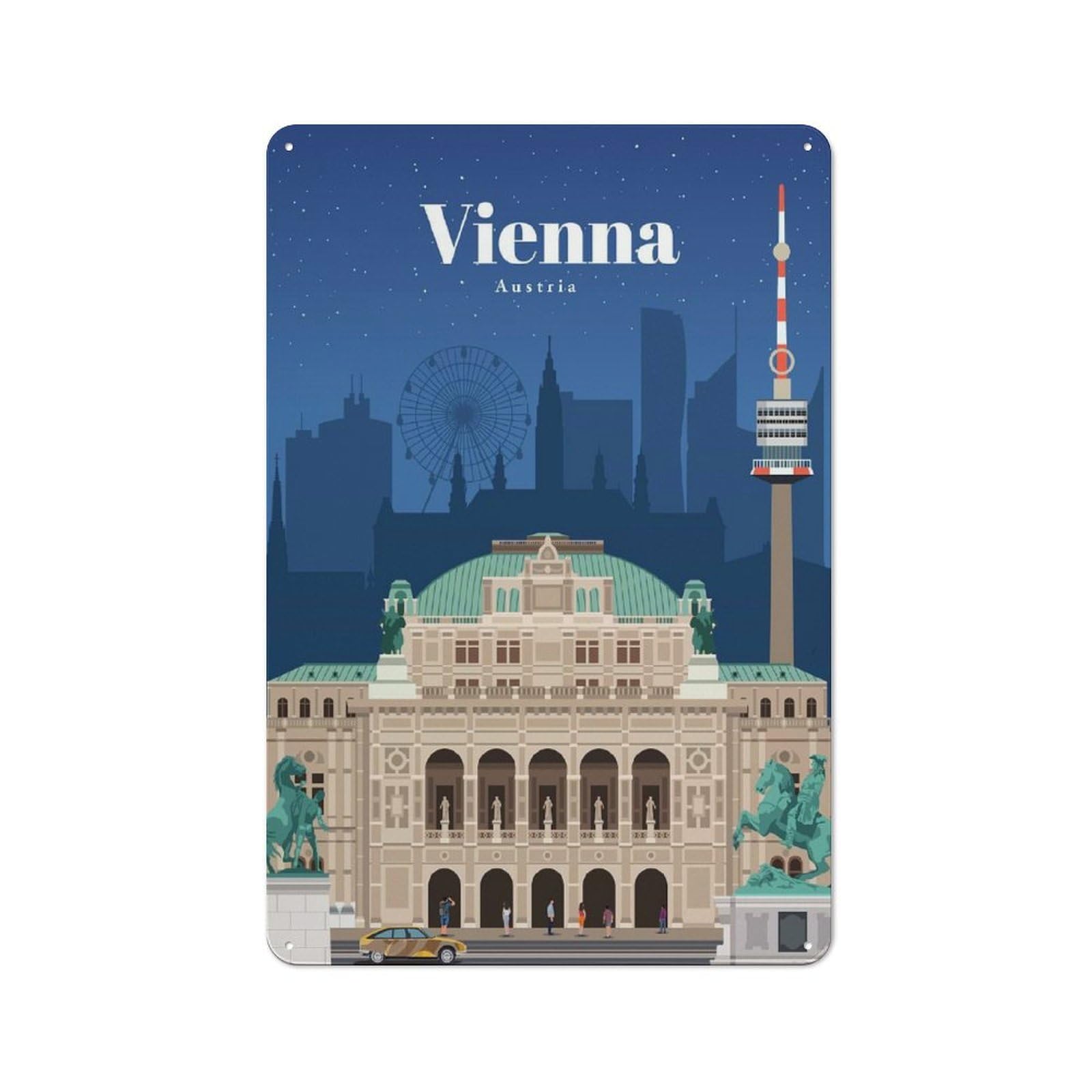 Junmoney Visit Vienna Decorative Tin Sign With Design 30X20cm, Nostalgic Old Style Wall Plaque For Living Room, Hallway, Kitchen Or Cafe