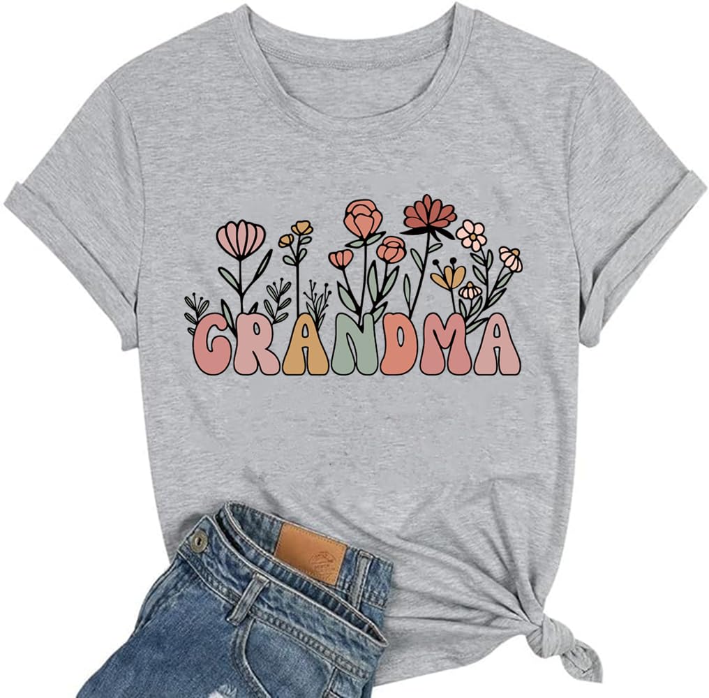 Floral Grandma Shirts for Women Grandmother Wildflower Printed Mother's Day Shirt Mama Casual Short Sleeve Tops