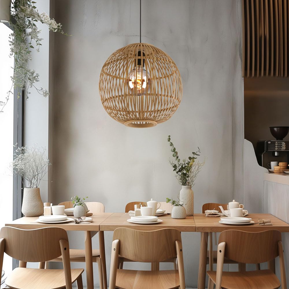 Pendelleuchte Hängelampe Wohnzimmerleuchte Esszimmerlampe Deckenleuchte, Bambus naturfarben, 1x E27 LED 7W 806Lm 2700K warmweiß, H 150 cm