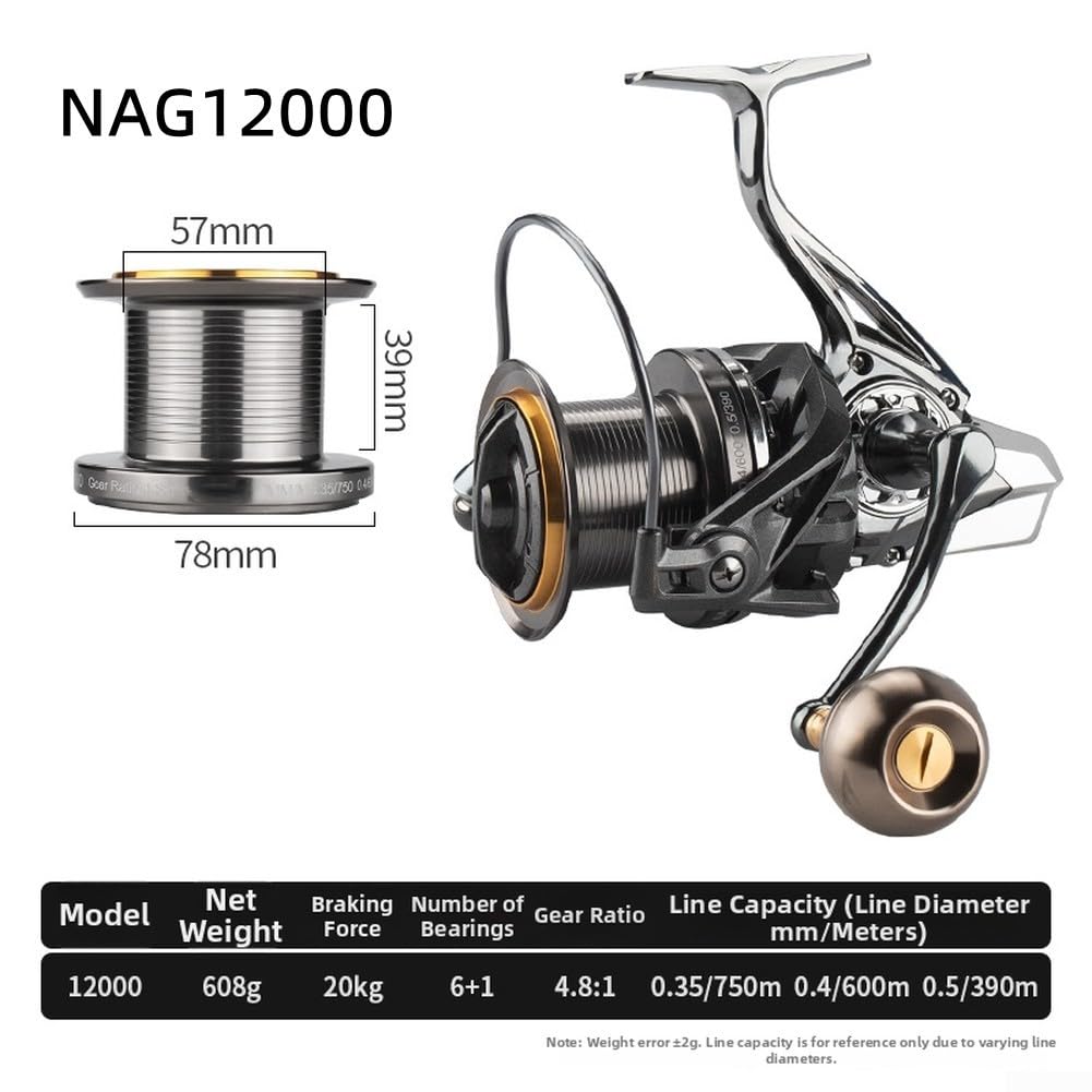 Moulinet de pêche en métal robuste de taille 8000-14000, corps et bobine entièrement en aluminium avec 6 + 1 roulements en acier inoxydable pour la pêche en mer jusqu'à 20 kg de traînée maximale, noir