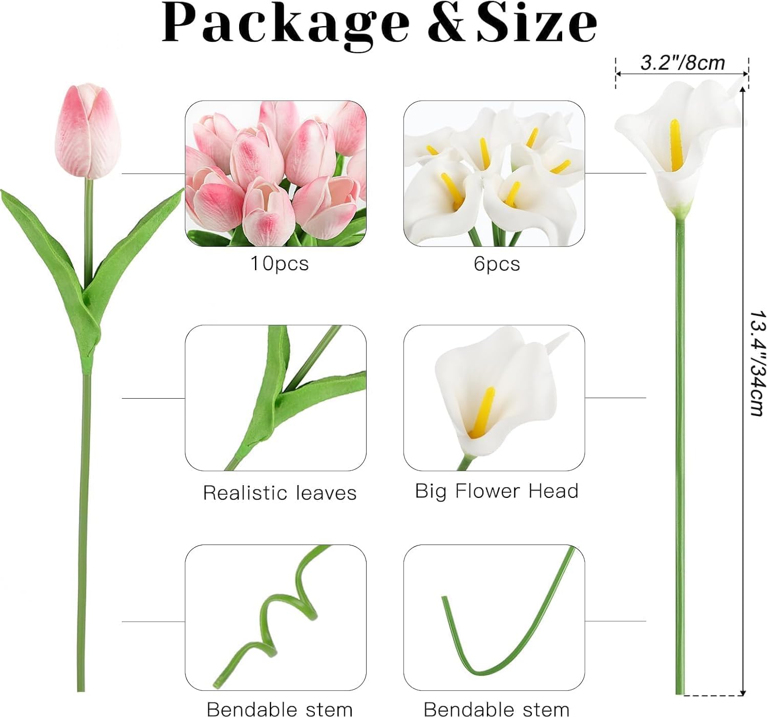 DEEMEI 16Pcs Artificial Pink Tulips & White Calla Lily Silk Fake Flowers 13.4" for Easter Mother's Day Home Kitchen Wedding Decorations - Image 2
