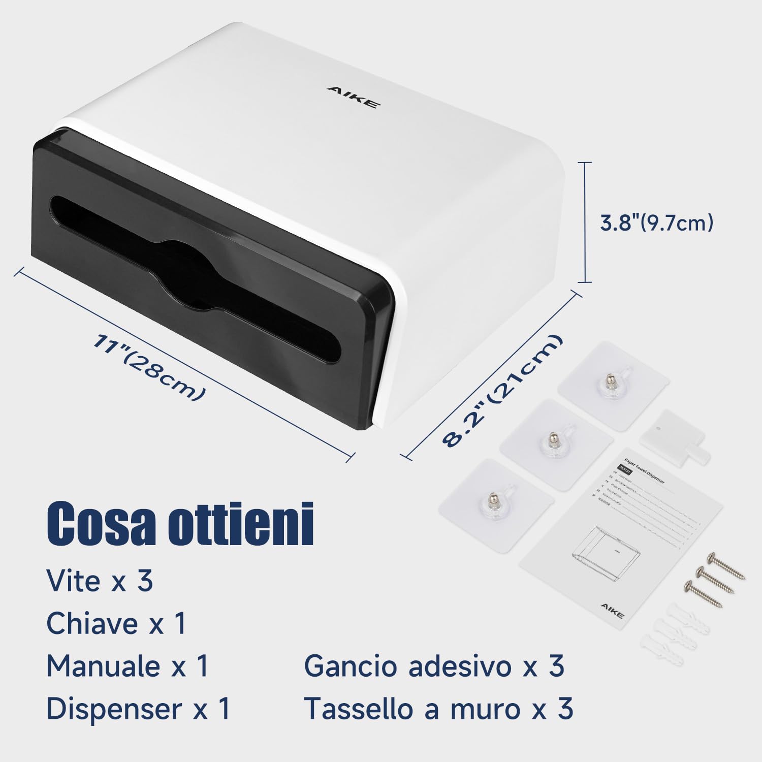 AIKE Dispenser Carta Asciugamani da Parete,per Z-Fold Carta Piegata di Dimensioni 25,3 x 8 cm o Inferiori,Può Contenere 200 Fogli