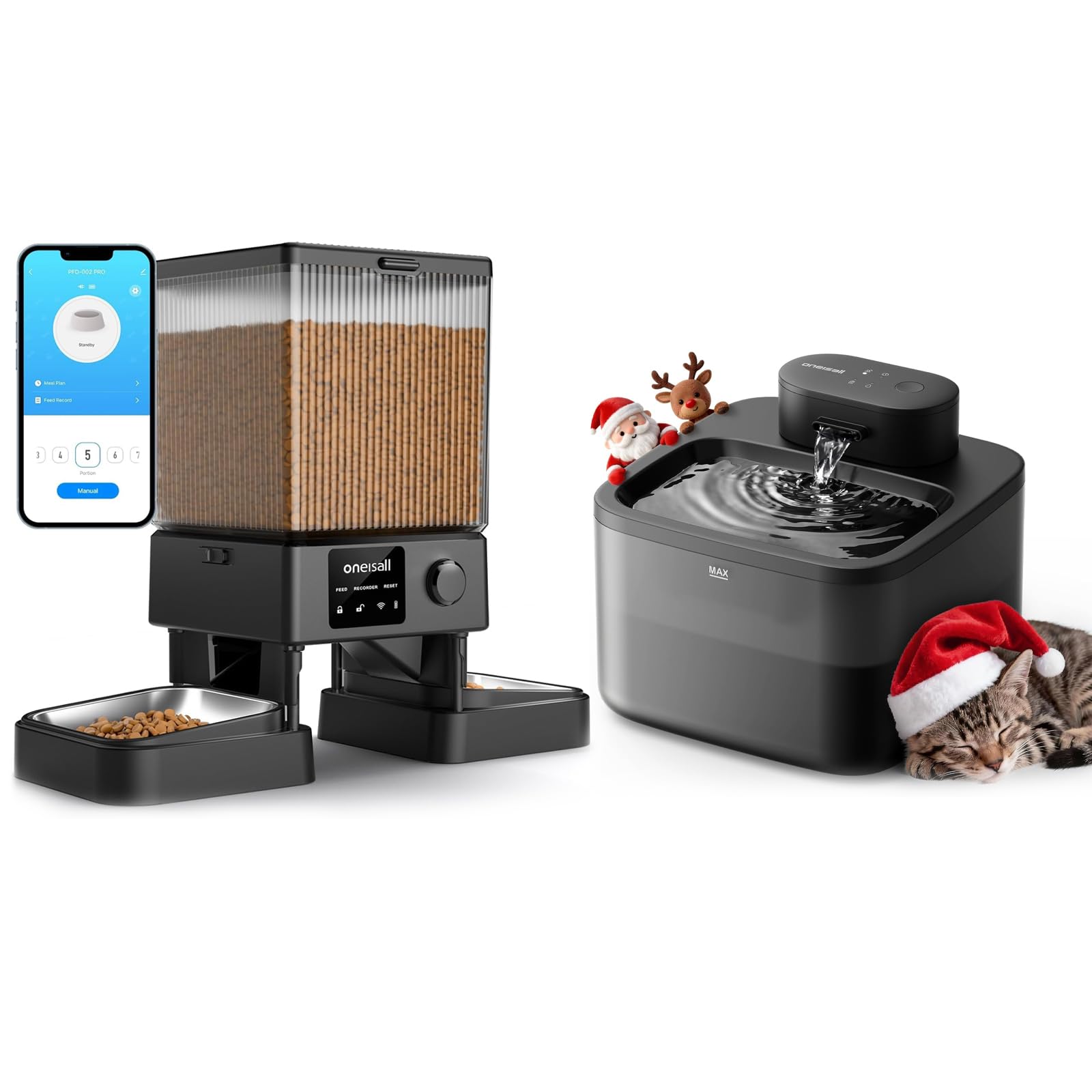 Oneisall Pack Intelligent: 5L Distributeur Croquettes Chat Automatique 2 Bols Distributeur de Nourriture avec App pour Chats/Chiens & Fontaine à Chat Automatique Ultra-Silencieuse 2.2L sans Fil