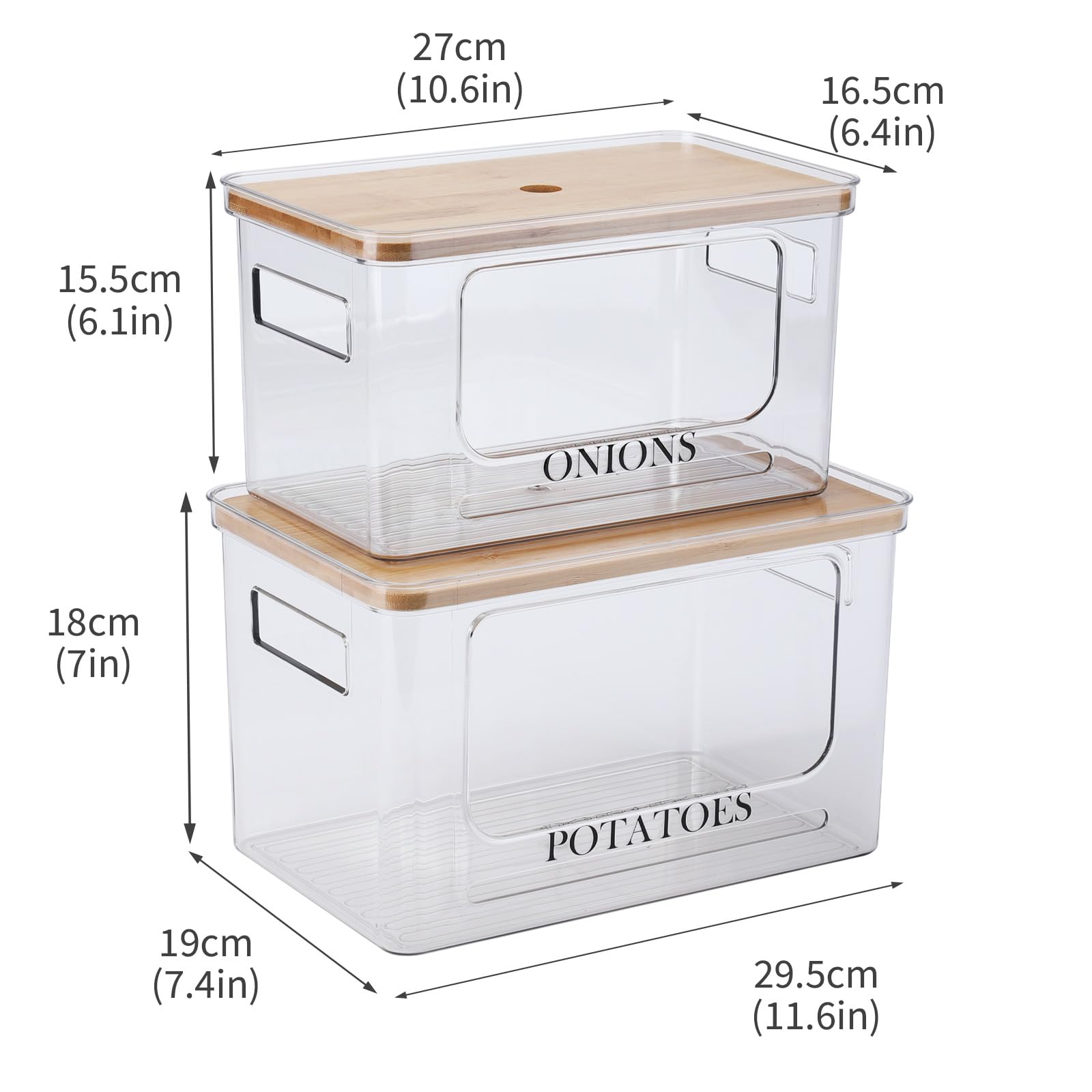 Kartoffel- und Zwiebel-Aufbewahrungsbehälter-Set, transparent, stapelbar, Obst- und Gemüse-Aufbewahrungsbox mit Deckel und Griff, Zwiebelkartoffelhalter, robuster Aufbewahrungskorb für