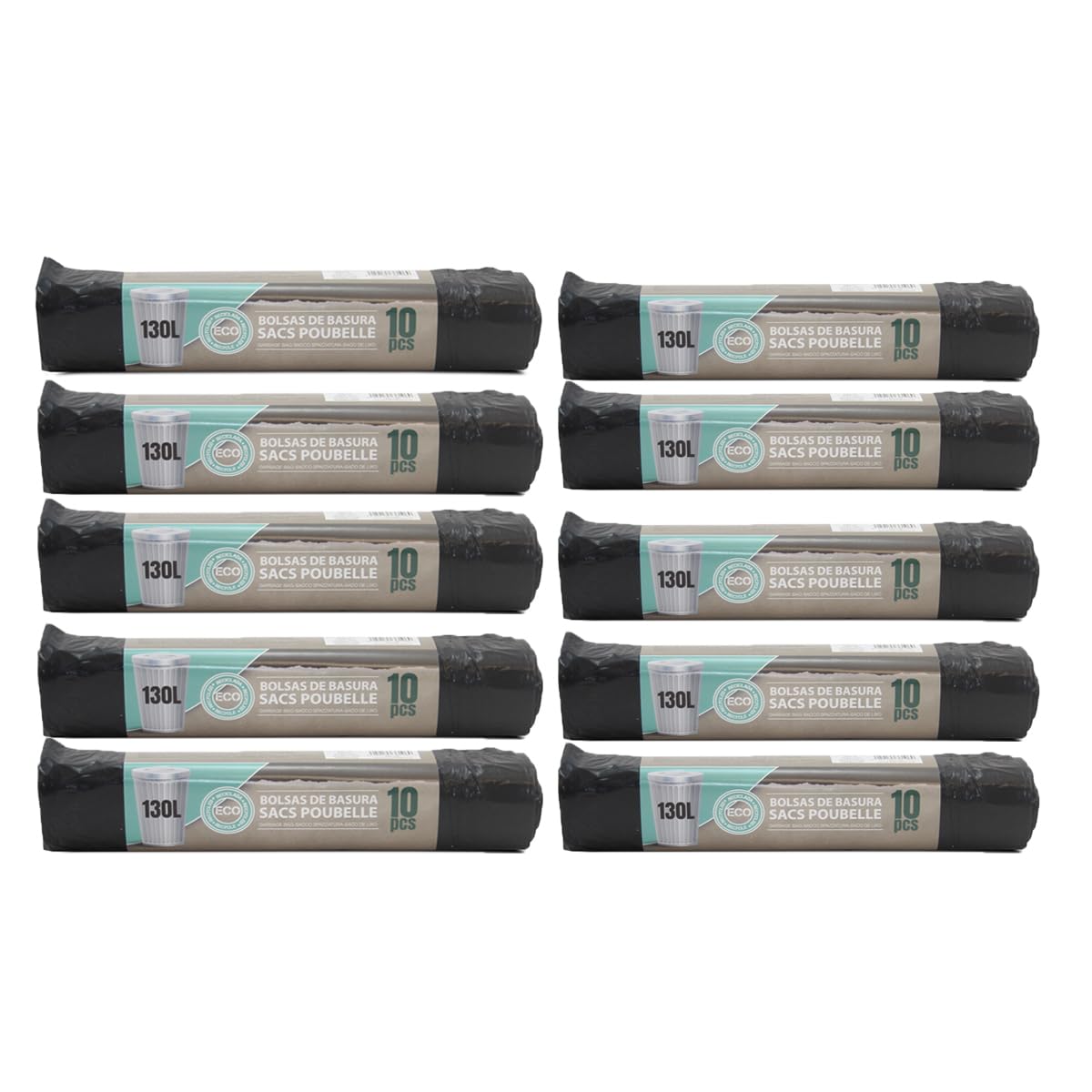 Paquete de 10 Rollos de 10 Bolsas de Basura de 130L con Cierre de Cordón, Gran Capacidad, Ultra Resistente, Antifugas