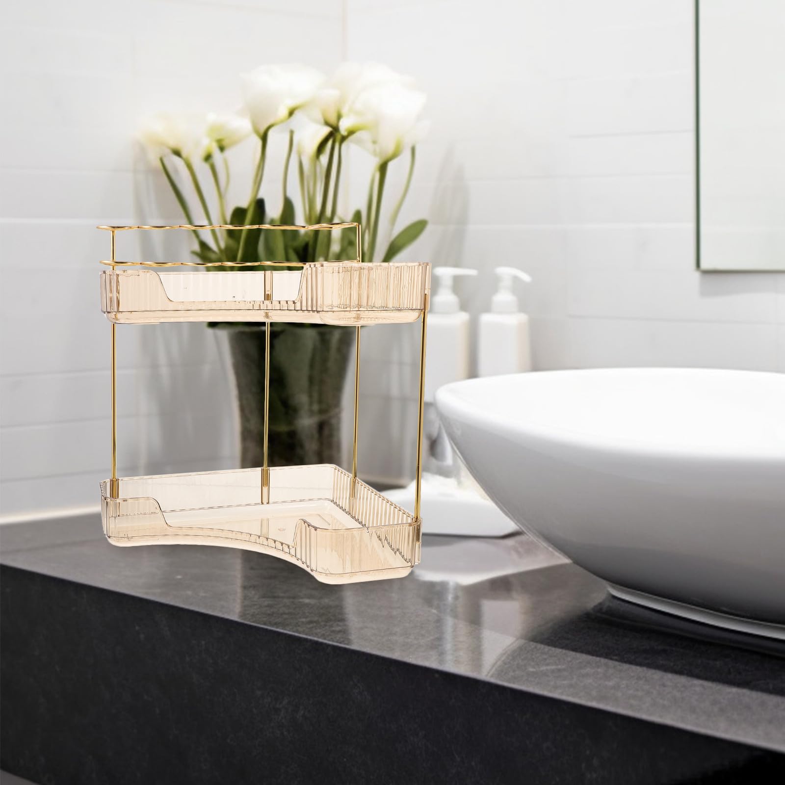 Organizer da Bagno Angolare in Metallo Oro a Doppio Livello, Struttura Semplice e Capacità di Carico Elevata, per Piano Lavabo la Conservazione Cosmetica