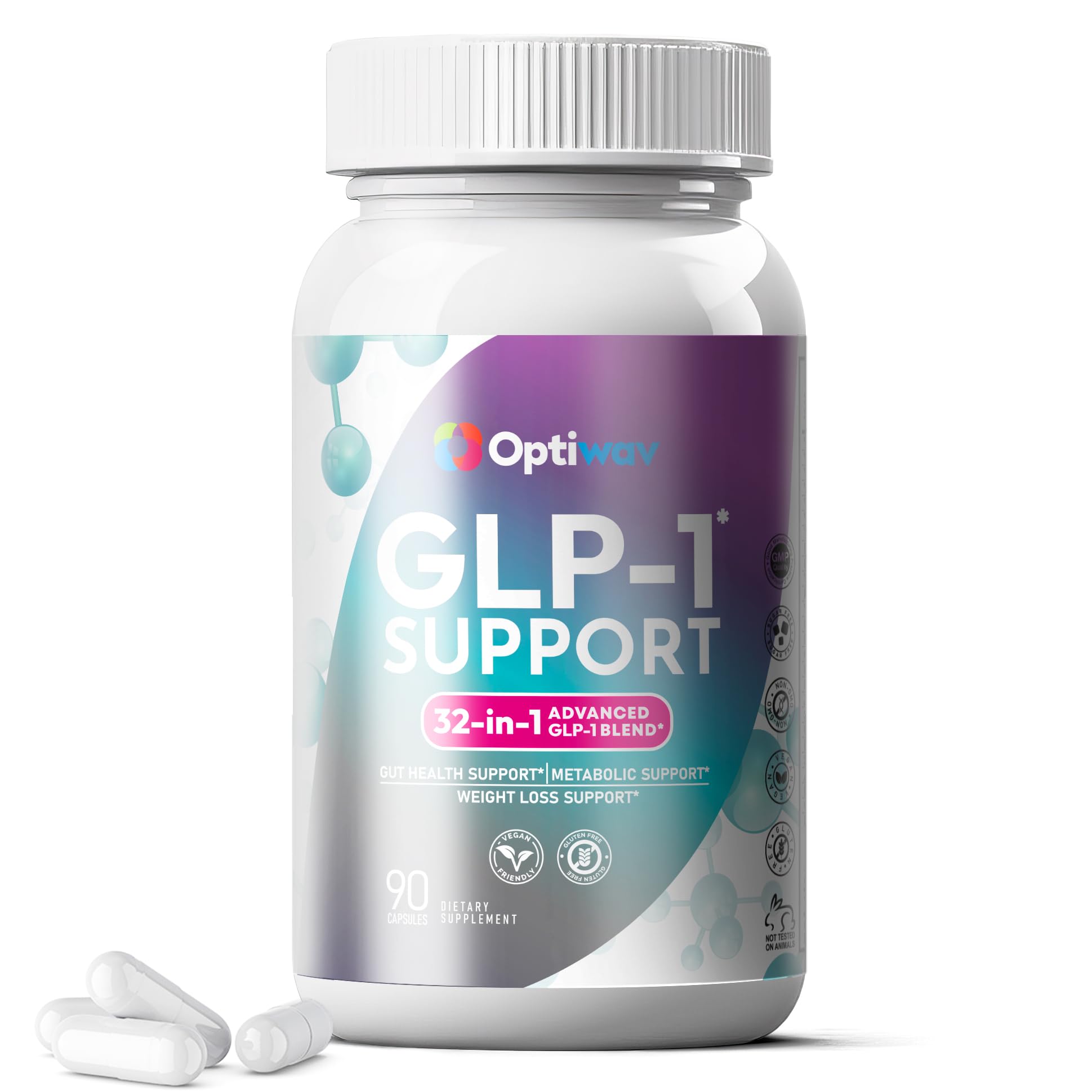 Optiwav GLP-1 Suport Supplement for Weight Loss - 32-in-1 GLP1 Support with Probiotics for Women & Men - Natural Daily Oral Support to Boost Fat Burn Metabolism & Gut Health - Vegan Gluten Free