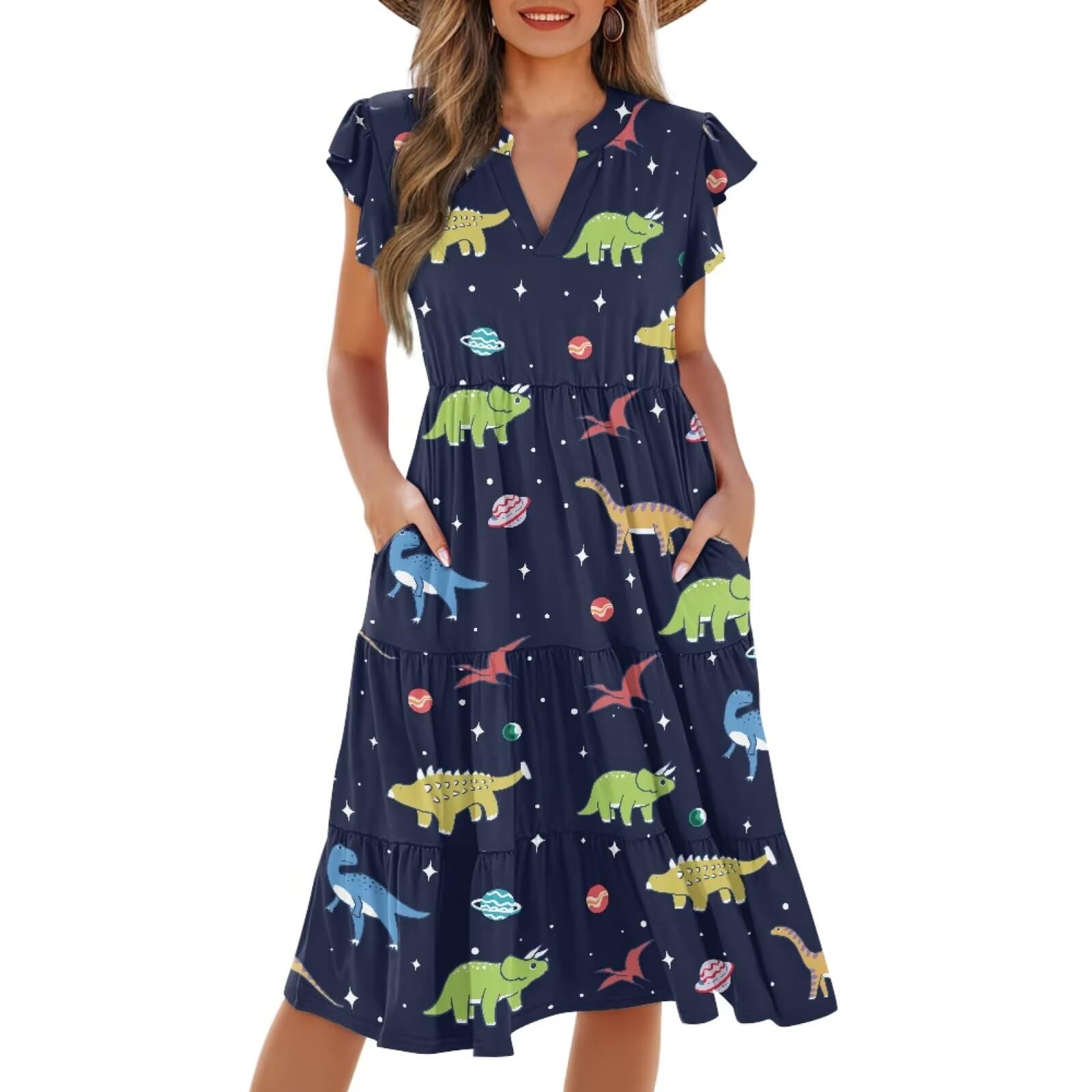 Womens Summer Dress Ruffle Sleeve V Neck Dress Casual Fit Flowy Beach Vacation Sundress with Pocket S-2XL