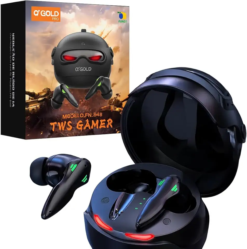 Fone de Ouvido Gamer Bluetooth 5.4 A'Gold TWS FN-B48, Case LED Robótico, Redução de Ruído por IA, Baixa Latencia, 8h de Bateria, Som Imersivo.