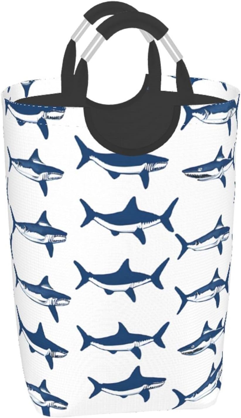 Laundry Basket Collapsible Clothes Hamper, Laundry Bag with Handles Blanket Toys Storage Basket, Dorm Room Essentials Accessories - sharks