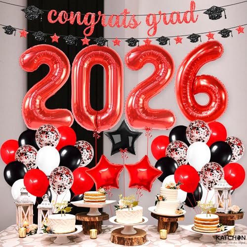 Image of KatchOn, Red and Black Graduation Decorations 2026 - Pack Of 37 | Giant 40 Inch, 2026 Black balloons, Congrats Grad Banner for Graduation Decorations Class of 2026 | 2026 Graduation Party Decorations