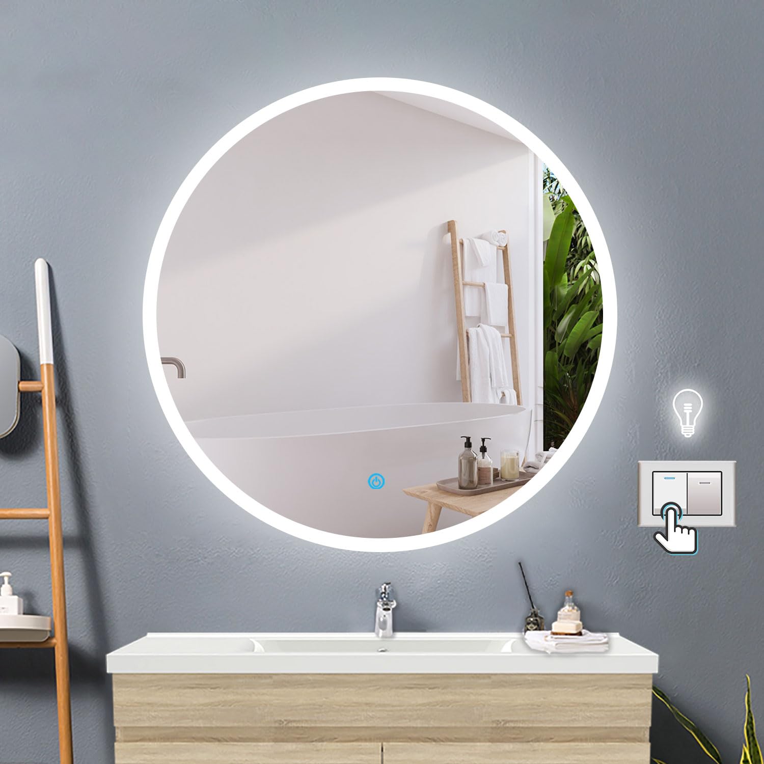 Specchio Rotondo Illuminato a LED, Specchio da Parete da Bagno 70 x 70cm, Specchio da trucco, Anti nebbia, Dimmerabile 3000K-6500K, Funzione di Memoria, IP44 impermeabile