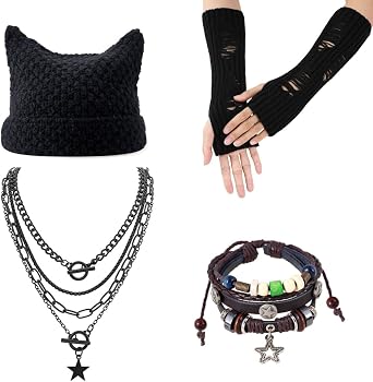 4PCS Therian Stuff Y2K Clothes,Therian Gloves,Knitted Headband Hat,Y2K Fairy Grunge Bracelet,Grunge Necklace,Therian Accessories Christmas Cosplay Party Jewelry Gift for Women
