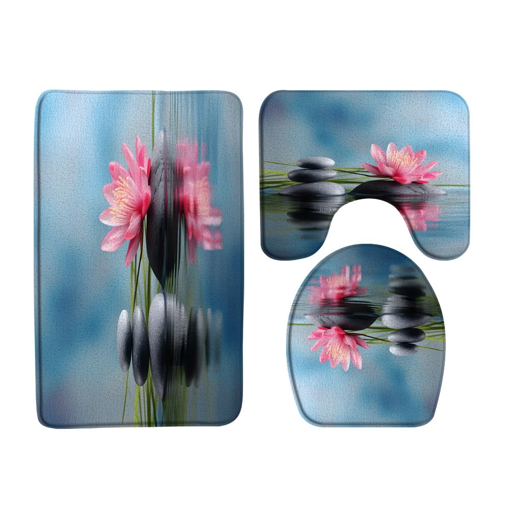 Zen Stone Lotus Flower Bath Mat - Microfiber Memory Foam Bathroom Rug, 16x24 Inch, Asian Spa Style
