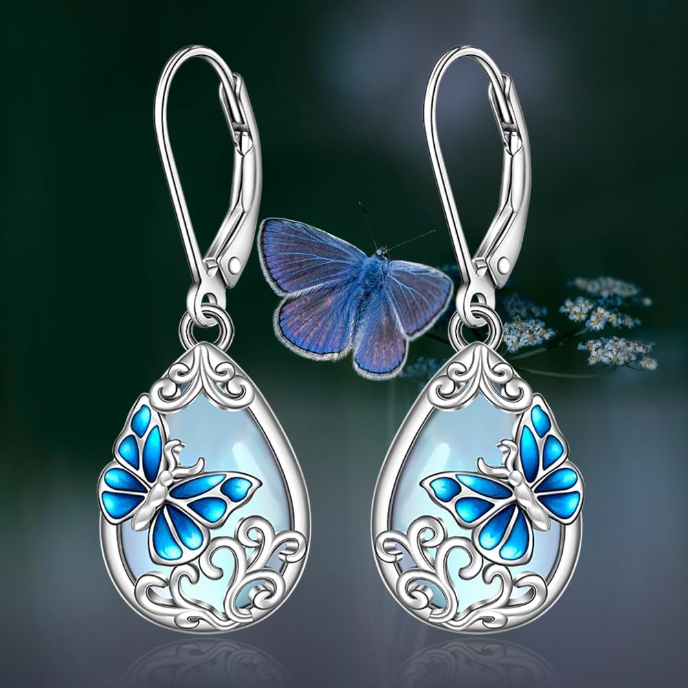 Butterfly Earrings Moonstone Blue Butterfly Earrings for Women Sterling Silver Filigree Moonstone Dangle Jewelry Dainty Valentines Mothers Day Christmas Gifts - Image 6