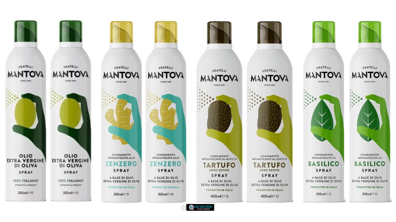 Mantova Set Spray Aromatizzati, Olio Extra Vergine di Oliva, Zenzero, Tartufo e Basilico, 8x200ml, Prodotto in Italia,+ key smarter italy shop service