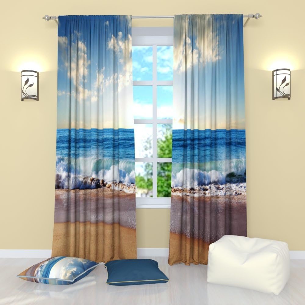 Factory4me Sea Curtains Collection Foamy Waves. Window Curtain Set of 2 Panels Each W52 x L96 Total W104 x L96 inches Drapes for Living Room Bedroom Kitchen