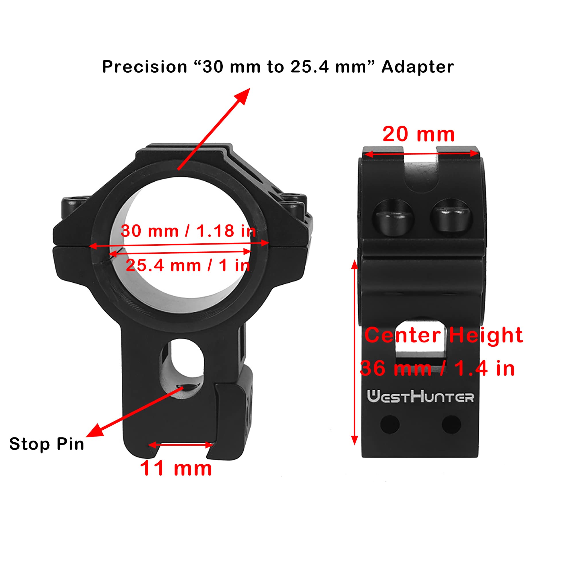 Anillas para Mira Telescópica WestHunter Optics, para Instalar Miras de 30mm & 25.4mm en Rieles de Cola de Milano de 11 mm, Exclusivamente para Actividades Deportivas | Black