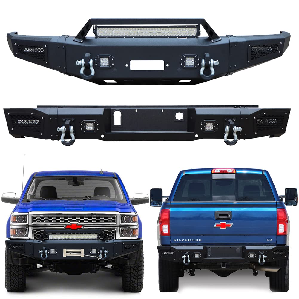 Ronghui Compatible with 2014-2015 Chevy Silverado 1500 Front and Rear Bumper with LED SpotLights and D-Rings