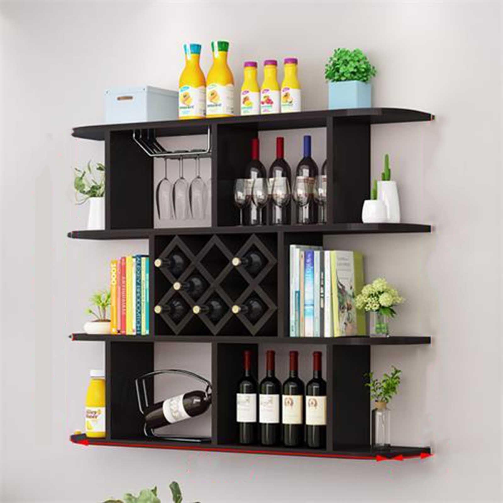 Porta Bottiglie Di Vino Da Parete, Portabottiglie Vino Design, Angolo Bar Per Casa, Portabottiglie Da Parete Con Portabicchieri Per Cucina, Sala Da Pranzo, Bar.(Color:Black,Size:120CM/47.2IN)