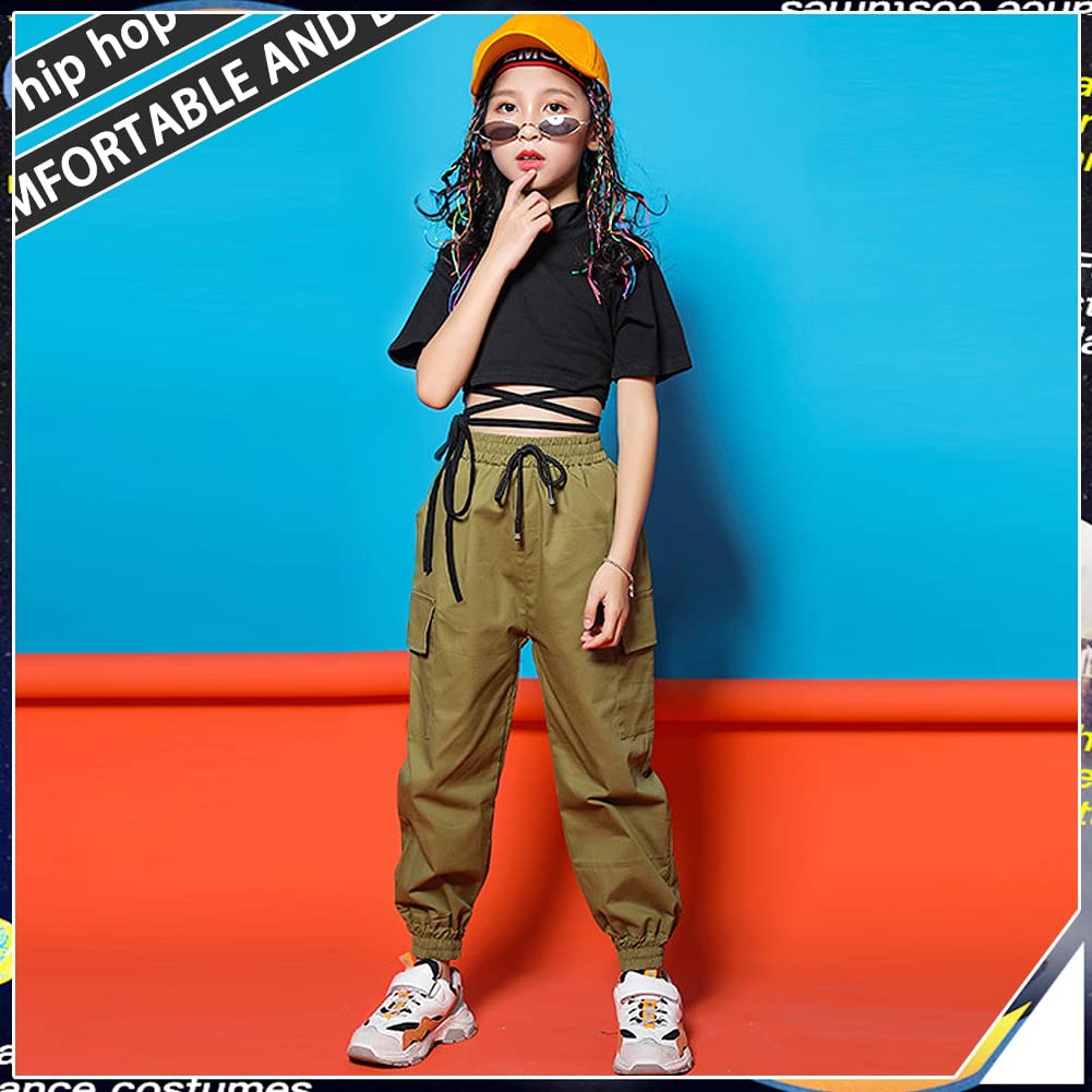 Ropa Niña Top Corto Hiphop Moda + Pantalones Cargo Conjunto 2 Piezas Traje Jazz Color Sólido para Edad 3-17 Años