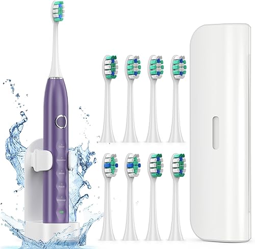 Cepillo de dientes eléctrico Sonic para adultos con 8 cabezales de cepillo de repuesto, temporizador de 2 minutos, IPX7 resistente al agua y estuche