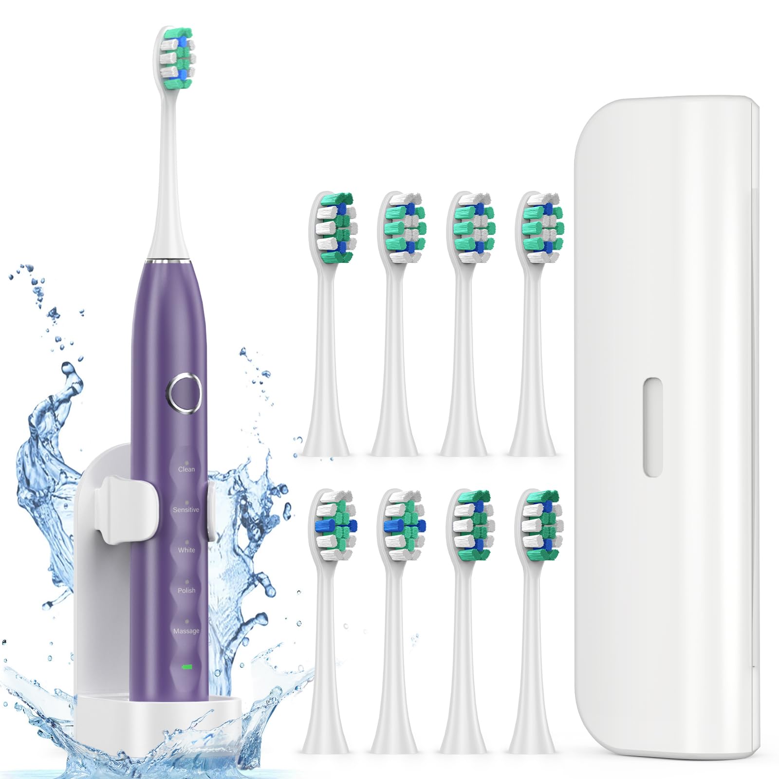 Cepillo de dientes eléctrico para adultos con 8 cabezales de cepillo, cepillo de dientes sónico recargable con un soporte y funda de viaje, cepillo de dientes blanqueador eléctrico con
