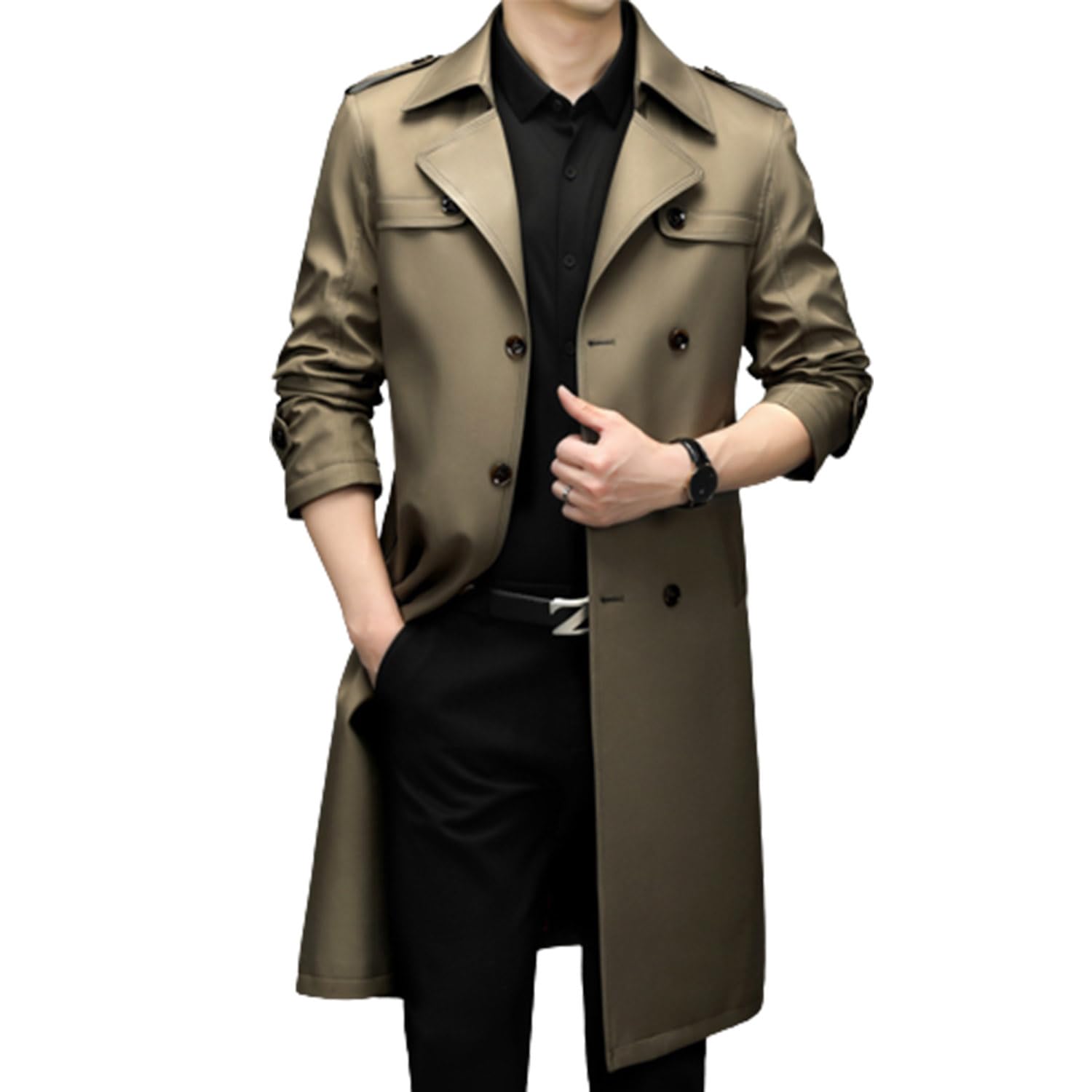 QQLADY Mens Trench Coat Slim Fit Double Breasted Long Jacket Lapel