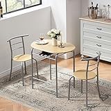 VECELO 3 Piece Wood Round Table & Chair Set for Dining Room Kitchen Bar Breakfast, with Wine Storage Rack, Space Saving, Natural