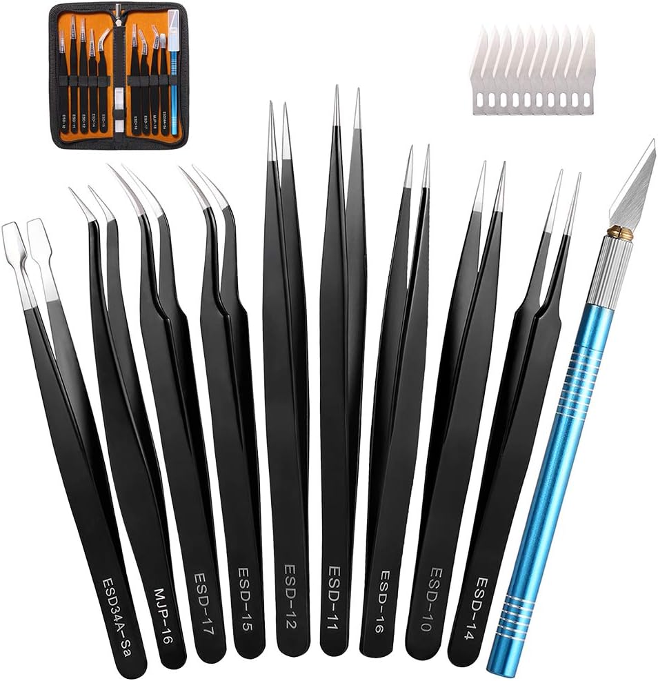Bionso Precision Tweezers Set, 9 PCS Premium ESD Tweezer set, 1 PCS Craft Knife and 10 PCS Spare Blades. Anti-Static Stainless Steel Tweezers Kit and Knife for Electronics, Craft, Soldering, etc.