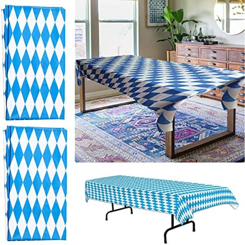 2 Pcs Table Cloth PVC Plastic Wipe Tablecloth Bavarian Flag Check Rectangle Water Resistant Table Cover Protector with White Diamond Pattern for Table Decoration Kitchen Picnic Outdoor Indoor 86"x51"