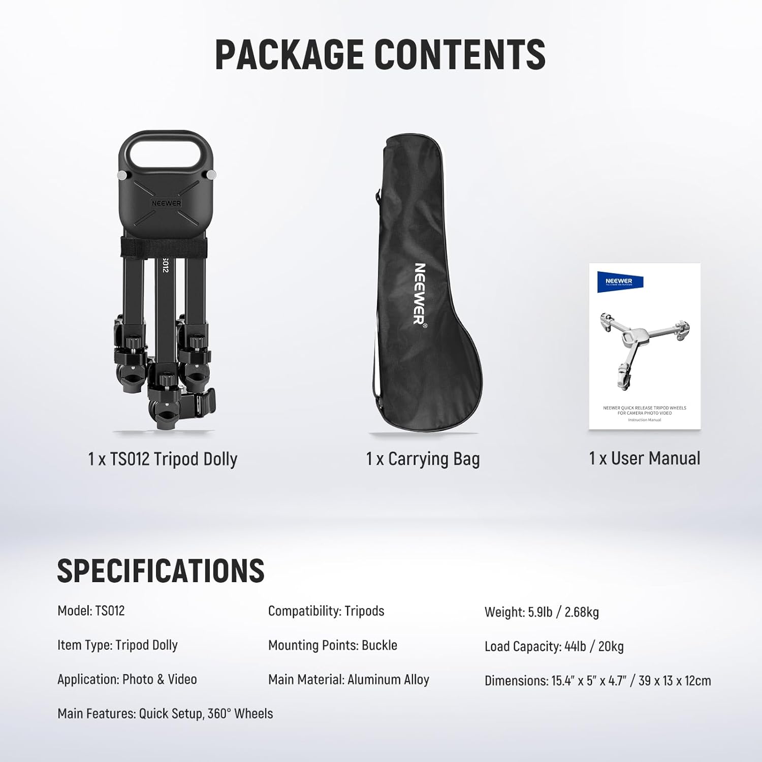 NEEWER Photography Tripod Dolly, Quick Lock Release Camera Dolly with 3" Rubber Wheels, Telescopic Legs, Handle & Bag, 44 lbs Heavy Duty for DSLR Cameras Camcorder Photo Video Recording, TS012