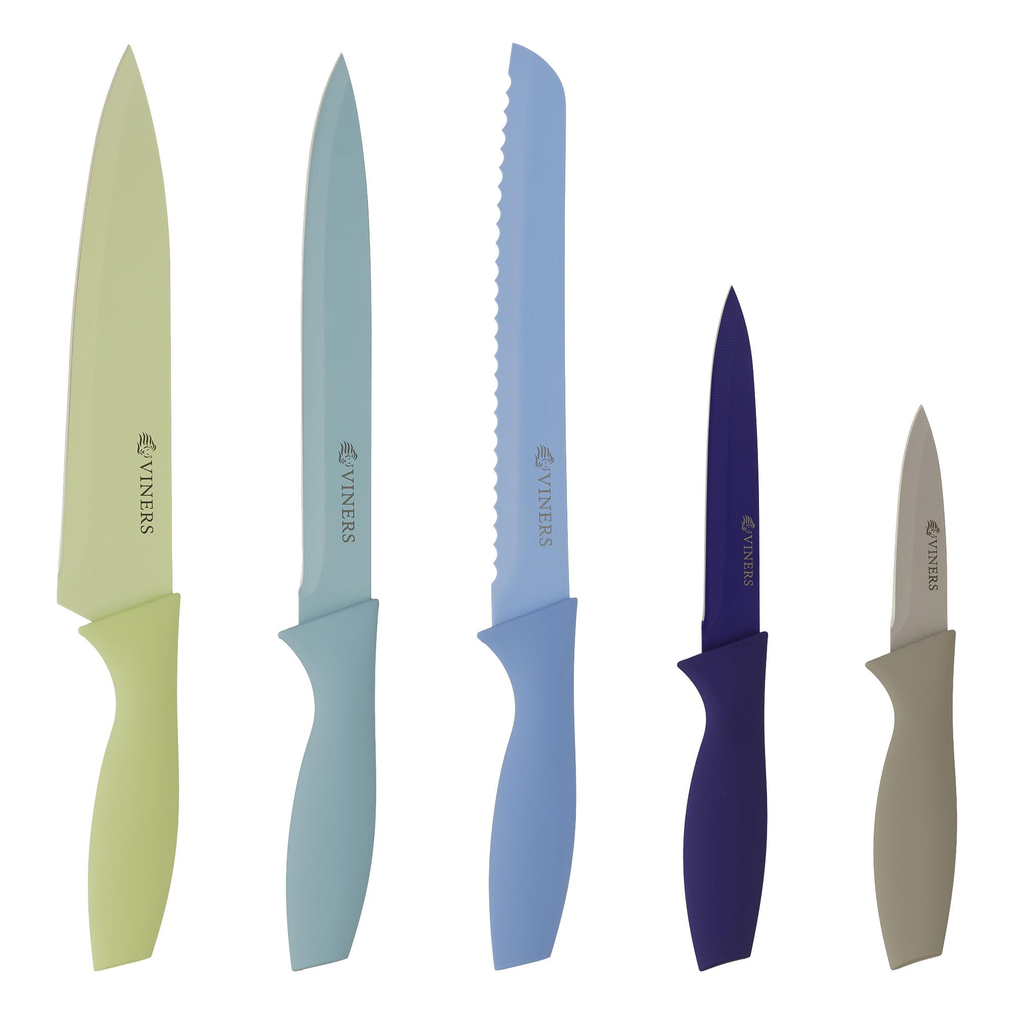 Viners Latimer Knife Set | Ombre Gradient Design | Non-Stick Coated Blades | Soft Touch Handles | Carving, Bread, Utility & Paring Knives | Set of 5