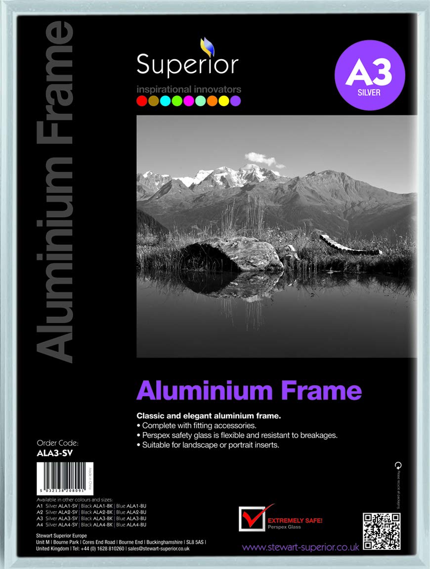 SECOStewart Superior A3 Brushed Aluminium Picture Frame with Perspex Safety Glass - Silver