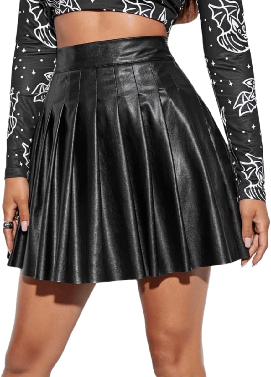 Women's Faux Leather Mini Skirt Classic high Waisted Skirt Pleated Skirt PU Skirt