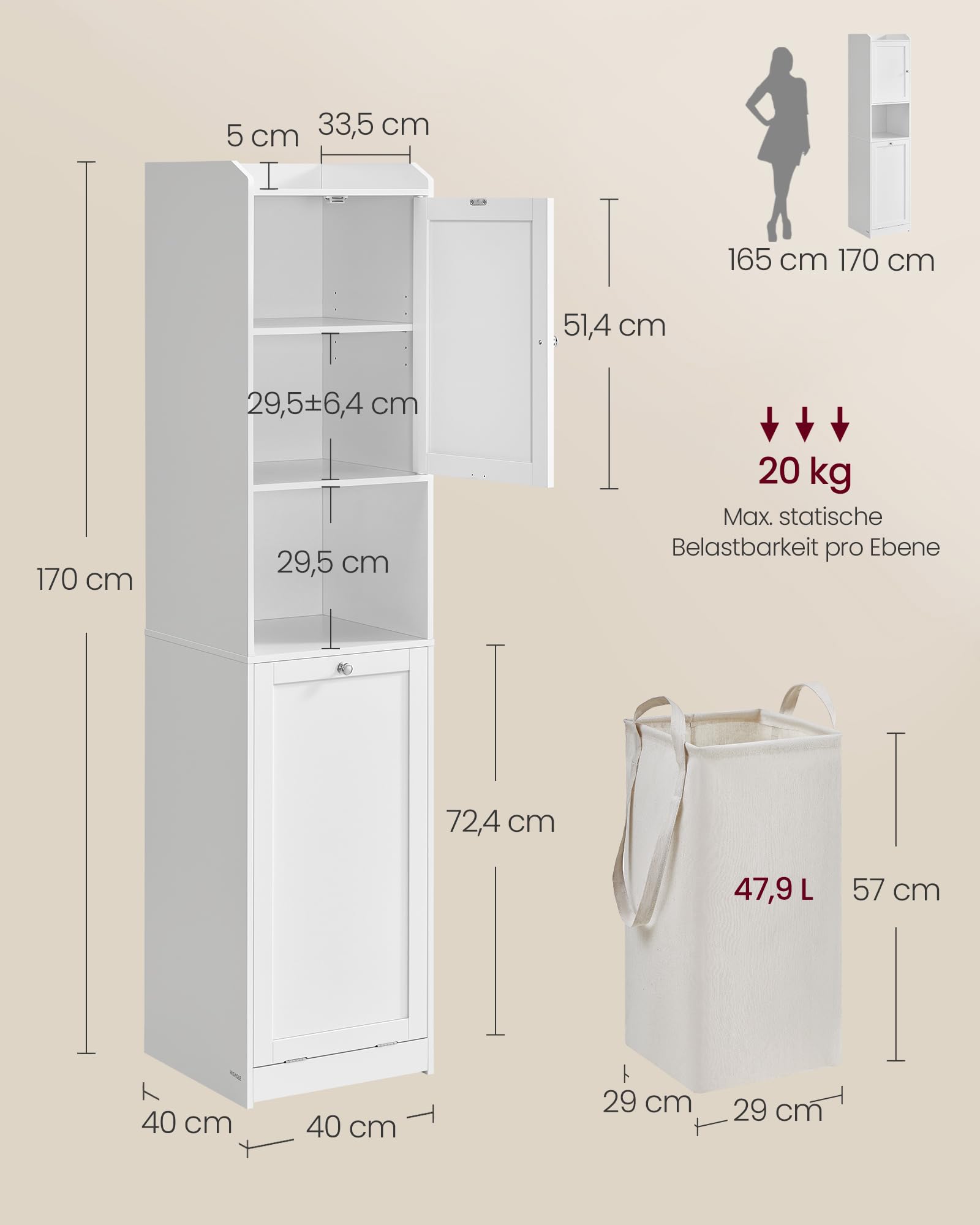 VASAGLE Badezimmerschrank mit Wäschekorb, hoher Badschrank, herausnehmbarer Wäschesack mit Griffen, mit Tür, verstellbare Ablage, 40 x 40 x 170 cm, wolkenweiß BBC761W01