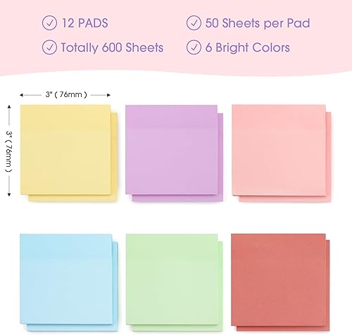 Miniatura 2 de YISAN Notas adhesivas de 3 x 3 pulgadas, colores pastel, 12 almohadillas autoadhesivas, 50 hojasbloc para oficina, hogar, 71167