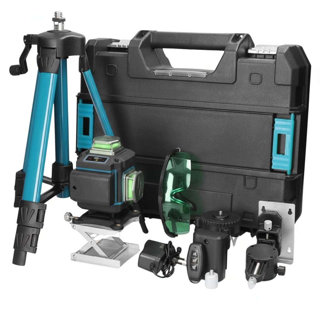 Livellatore Laser 4D 16 Linee 360° Verde con Treppiede – Autolivellante Professionale con Batterie, Supporto Magnetico e Telecomando, Laser Multilinea per Edilizia e Ristrutturazioni