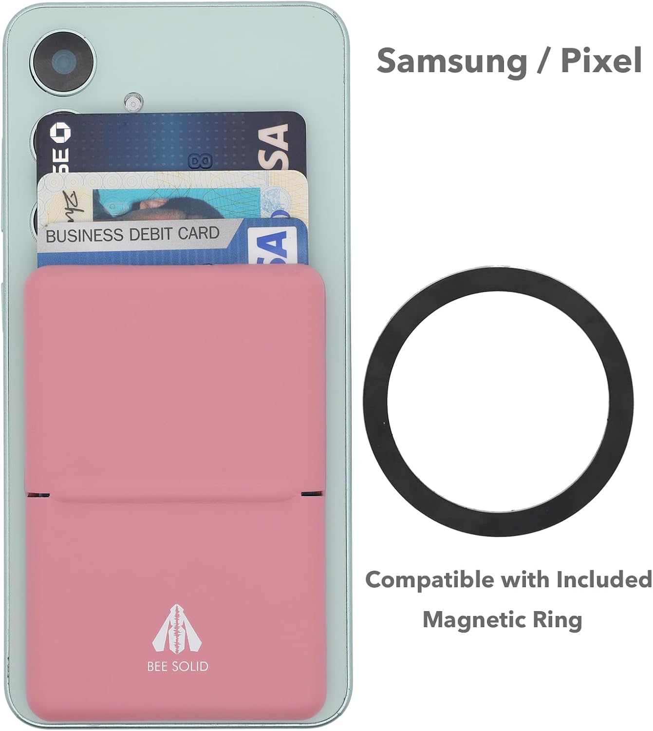 Magnetic Card Holder for iPhone, Samsung, Google, 4000-Gauss Strong Magnetic Wallet with Phone Stand, SUSJ Steel and PU Leather, 3-Card Capacity with RFID Blocking (Pink)