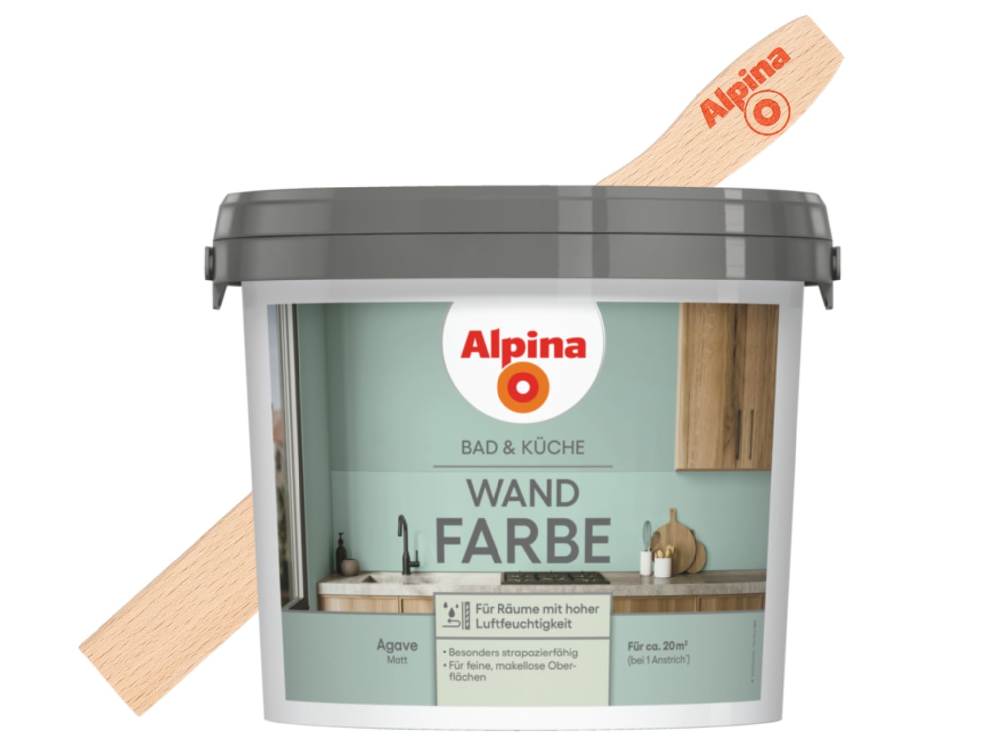 Alpina Bad & Küche Wandfarbe Agave matt – inkl. Rührholz – 2,5 Liter