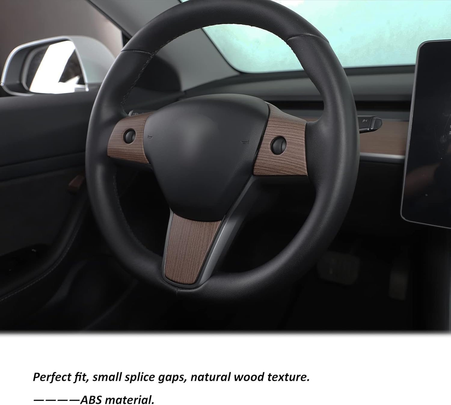 Steering Wheel Cover for Tesla Model 3 2017-2023 / Model Y 2020-2023, Steering Wheel Wrap Cap Trims Kit, 3PCS, ABS (Wood Grain)
