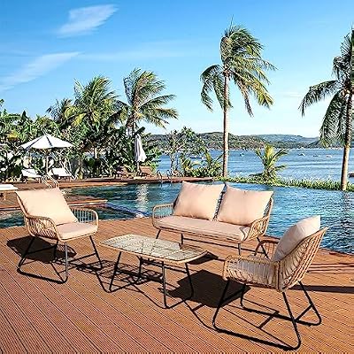 FKSLIFE 4Pieces Patio Furniture Set,Outdoor Wicker Patio Conversation Set with Cushion and Pillow,Wicker Balcony Bistro Set with Table,All-Weather for Backyard,Pool,Deck,Garden-Beige